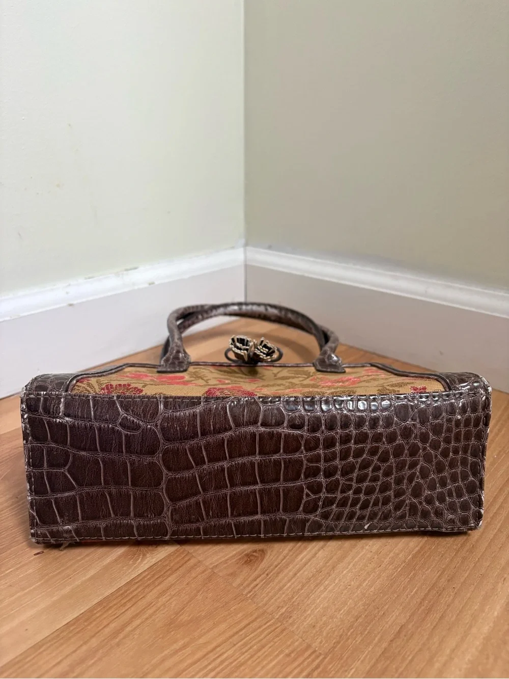 Vintage Liz Claiborne Brown Floral Tapestry Satchel with Tassel
